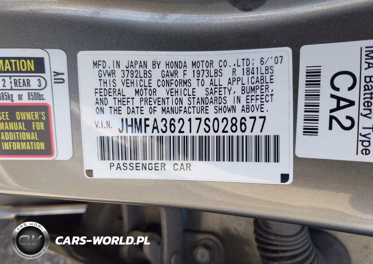2007 Honda Civic Hybrid VIN:JHMFA36217S028677 - 9