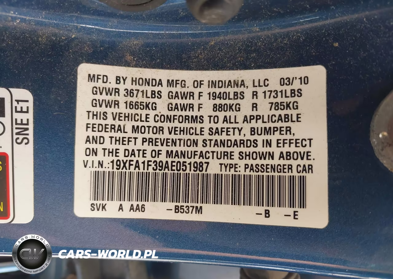 2010 Honda Civic Vp VIN:19XFA1F39AE051987 - 9