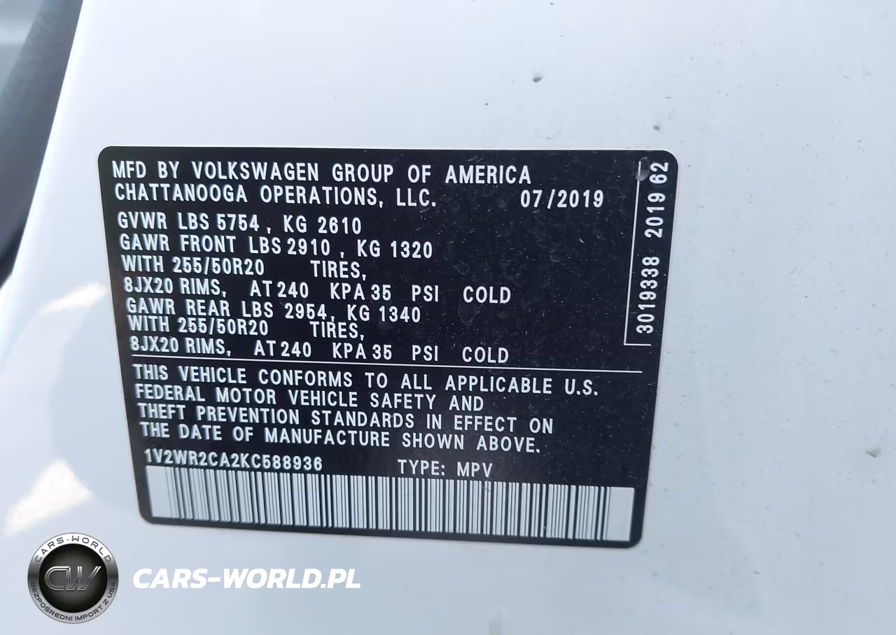 2019 Volkswagen Atlas 3.6L V6 Se W-Technology VIN:1V2WR2CA2KC588936 - 9