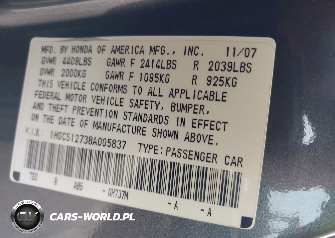 2008 Honda Accord 2.4 Ex VIN:1HGCS12738A005837 - 9