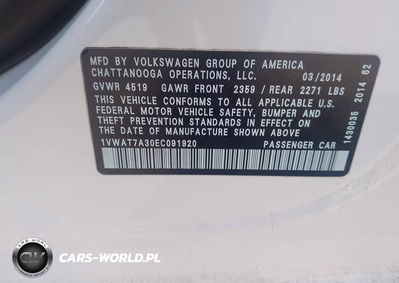 2014 Volkswagen Passat 1.8T Wolfsburg Edition VIN:1VWAT7A30EC091920 - 9