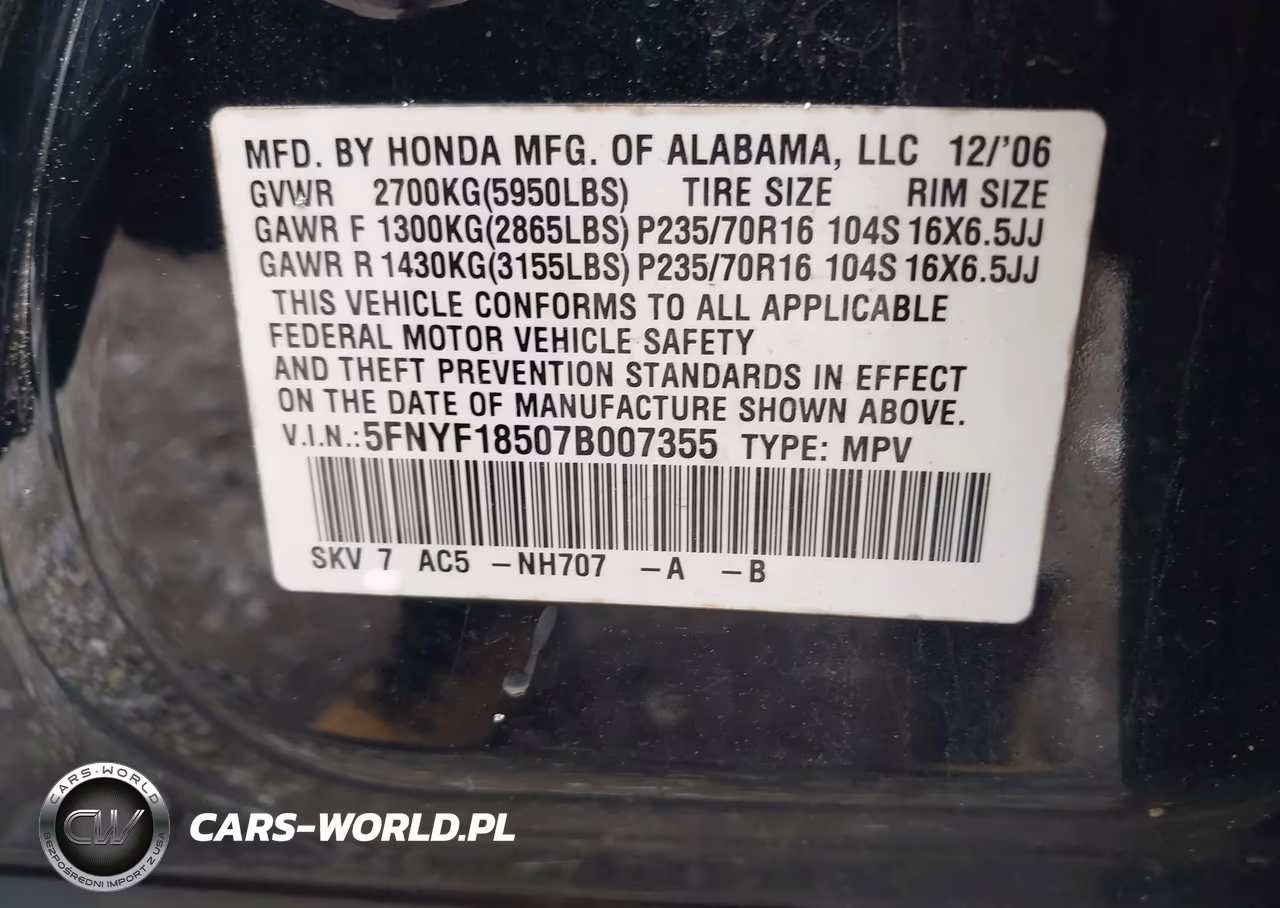 2007 Honda Pilot Ex-L VIN:5FNYF18507B007355 - 9
