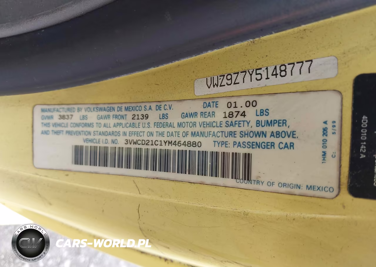 2000 Volkswagen New Beetle Gls 1.8L Turbo VIN:3VWCD21C1YM464880 - 9