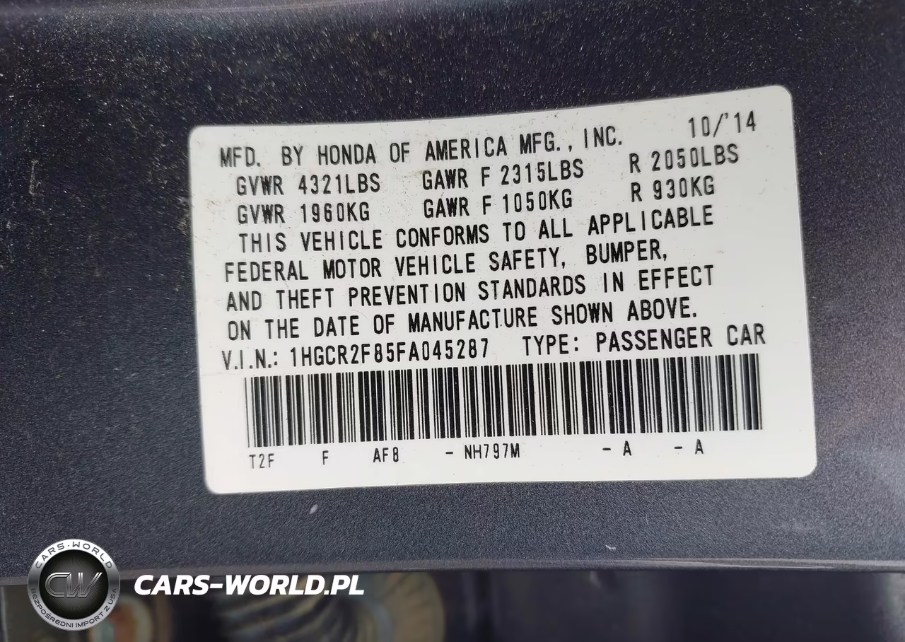 2015 Honda Accord Ex-L VIN:1HGCR2F85FA045287 - 9