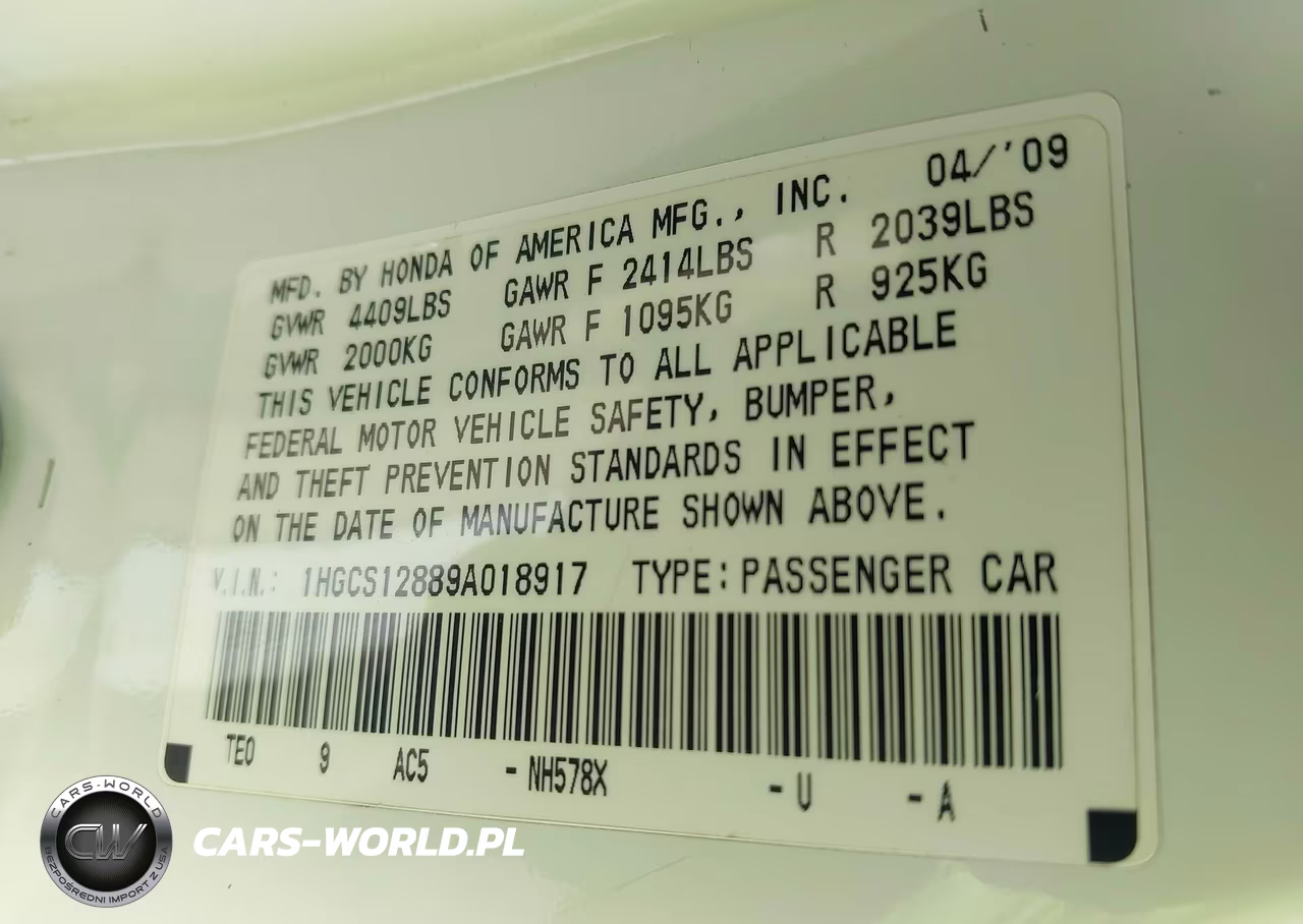 2009 Honda Accord 2.4 Ex-L VIN:1HGCS12889A018917 - 9