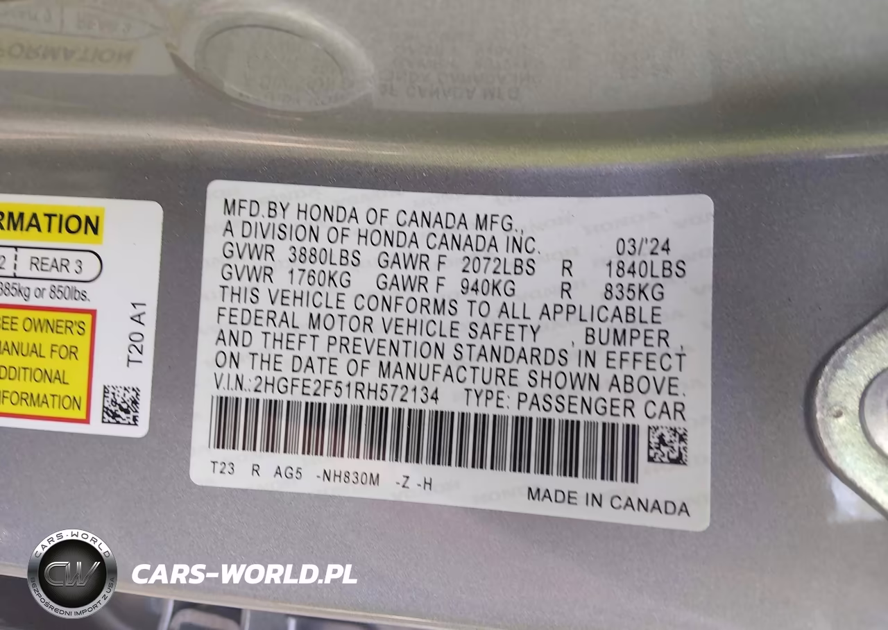 2024 Honda Civic Sport VIN:2HGFE2F51RH572134 - 9