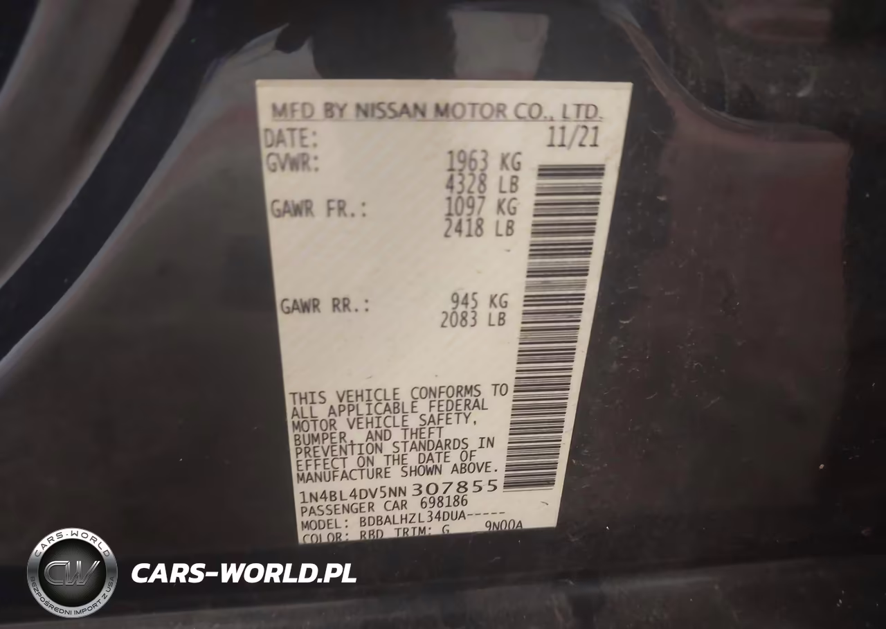 2022 Nissan Altima Sv Fwd VIN:1N4BL4DV5NN307855 - 9