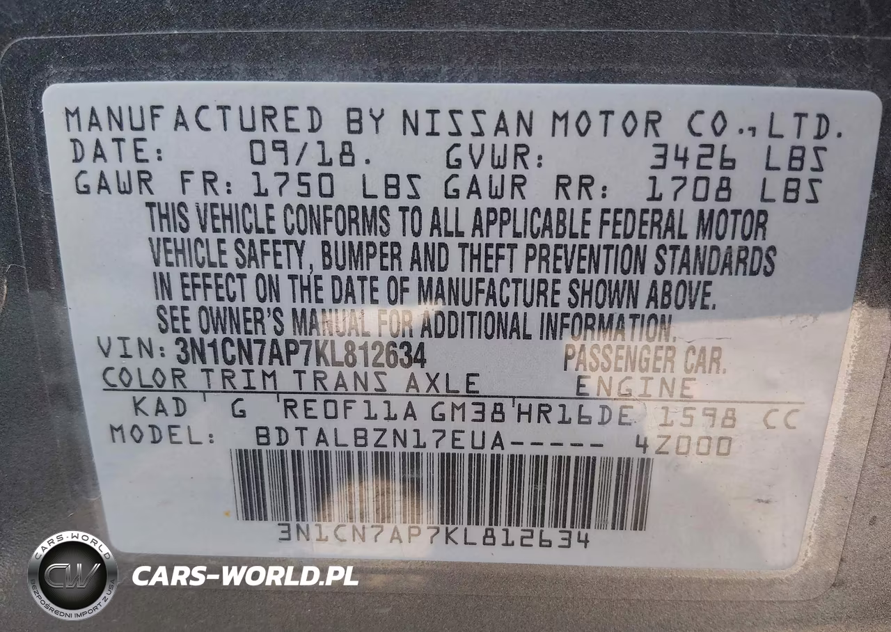 2019 Nissan Versa 1.6 Sv VIN:3N1CN7AP7KL812634 - 9