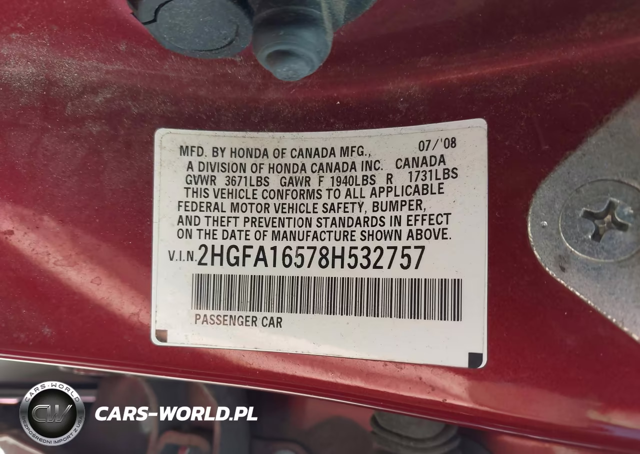 2008 Honda Civic Lx VIN:2HGFA16578H532757 - 9