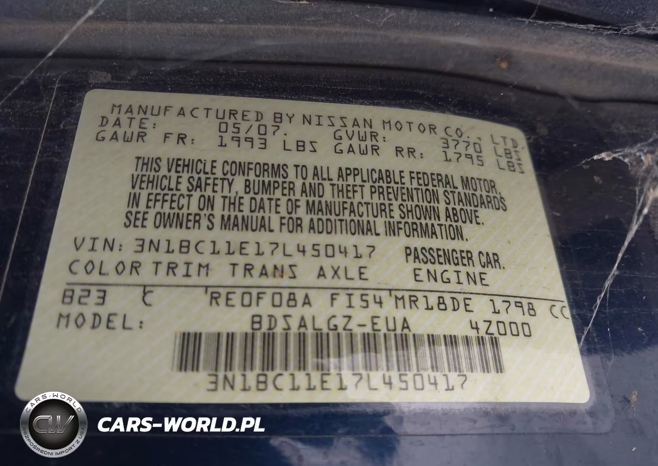 2007 Nissan Versa 1.8Sl VIN:3N1BC11E17L450417 - 9