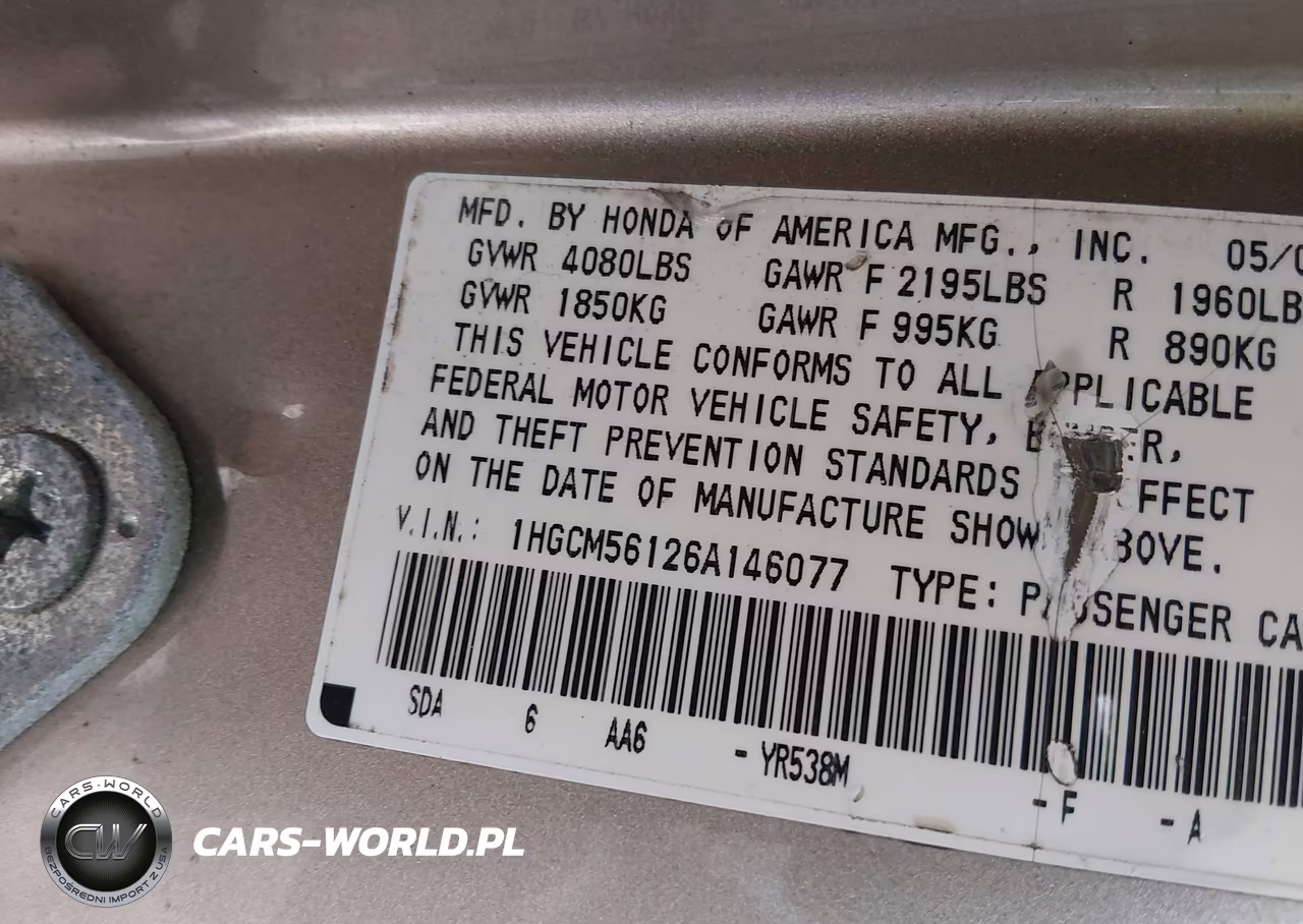 2006 Honda Accord 2.4 Vp VIN:1HGCM56126A146077 - 9