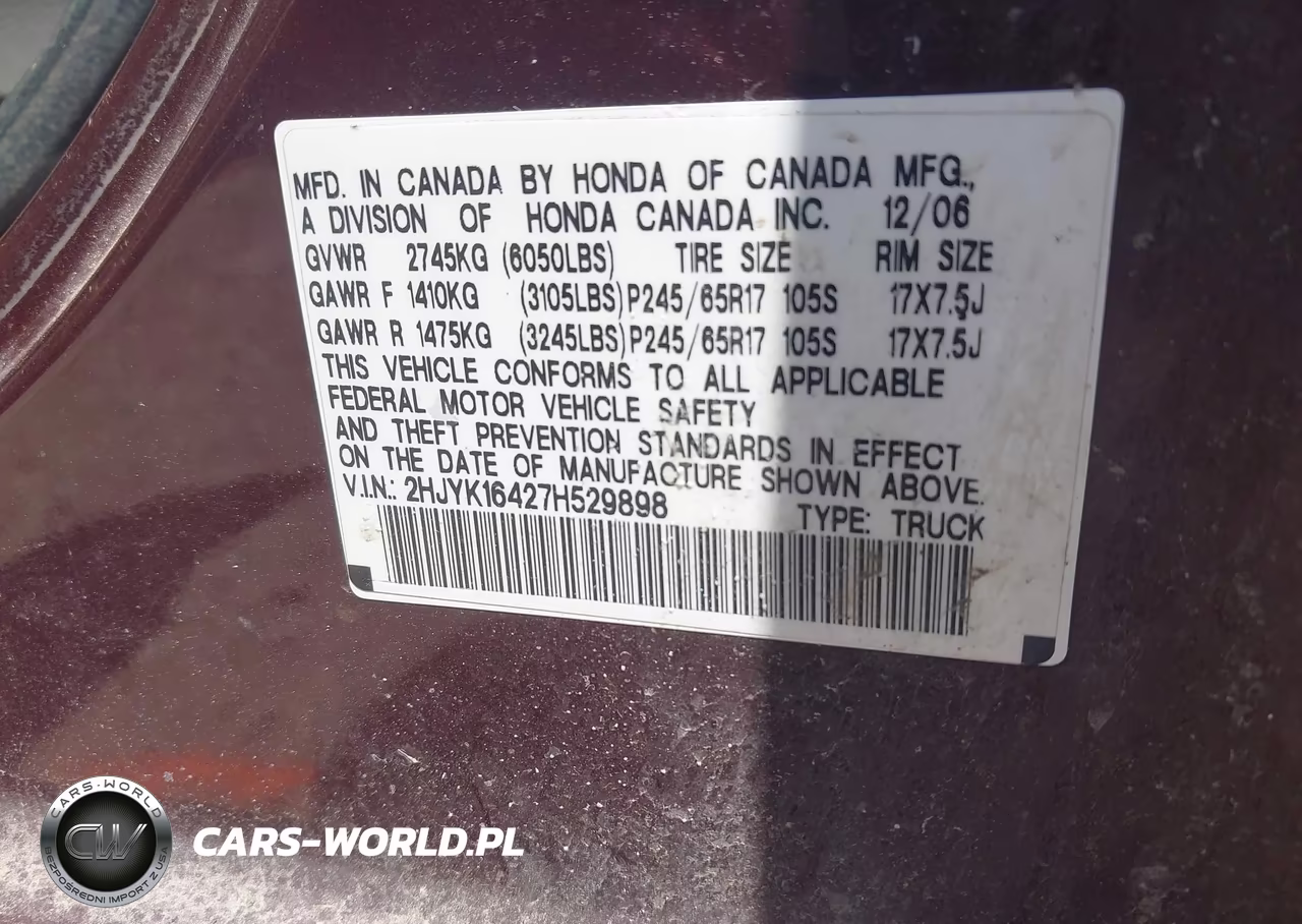 2007 Honda Ridgeline Rts VIN:2HJYK16427H529898 - 9