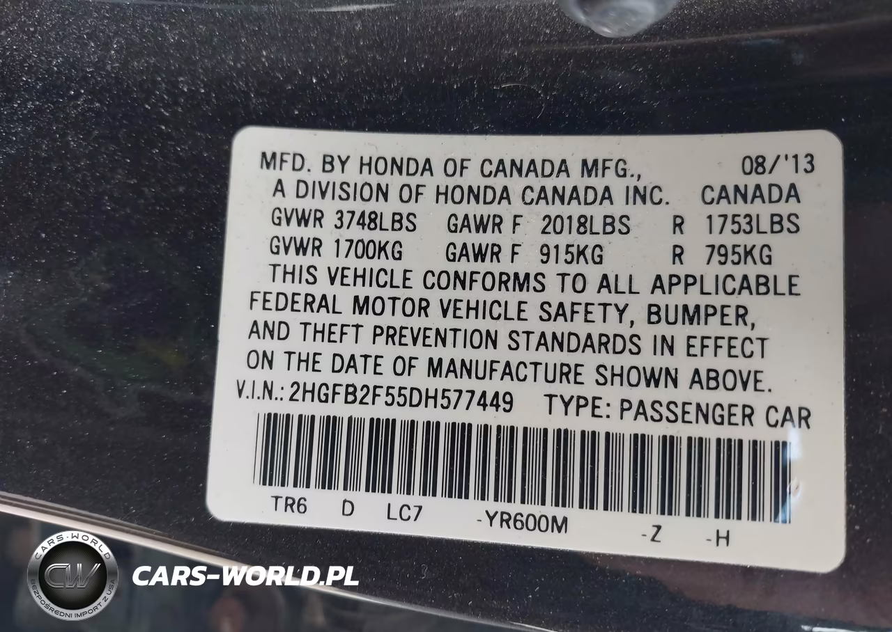 2013 Honda Civic Lx VIN:2HGFB2F55DH577449 - 9