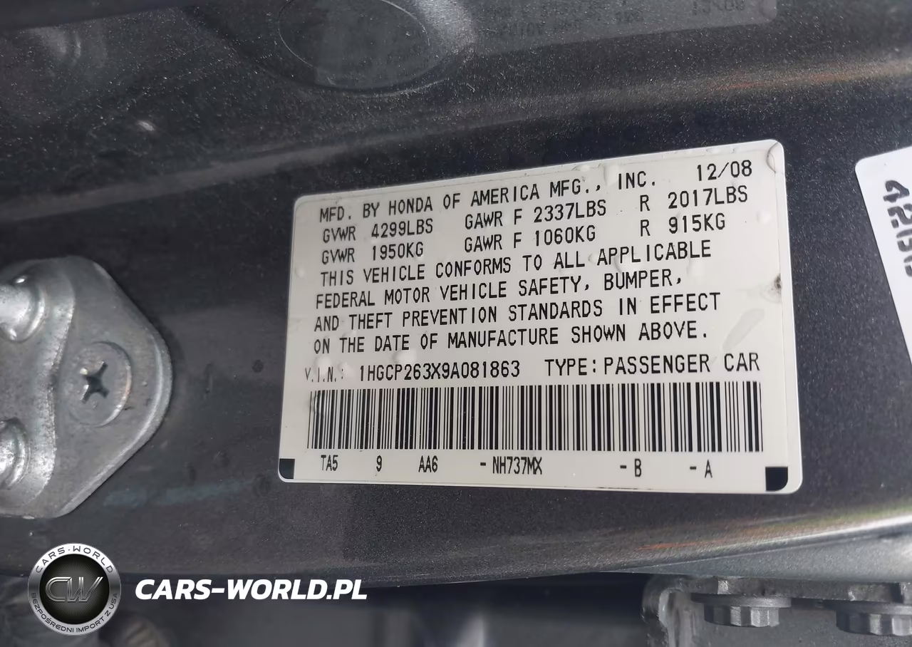 2009 Honda Accord 2.4 Lx VIN:1HGCP263X9A081863 - 9