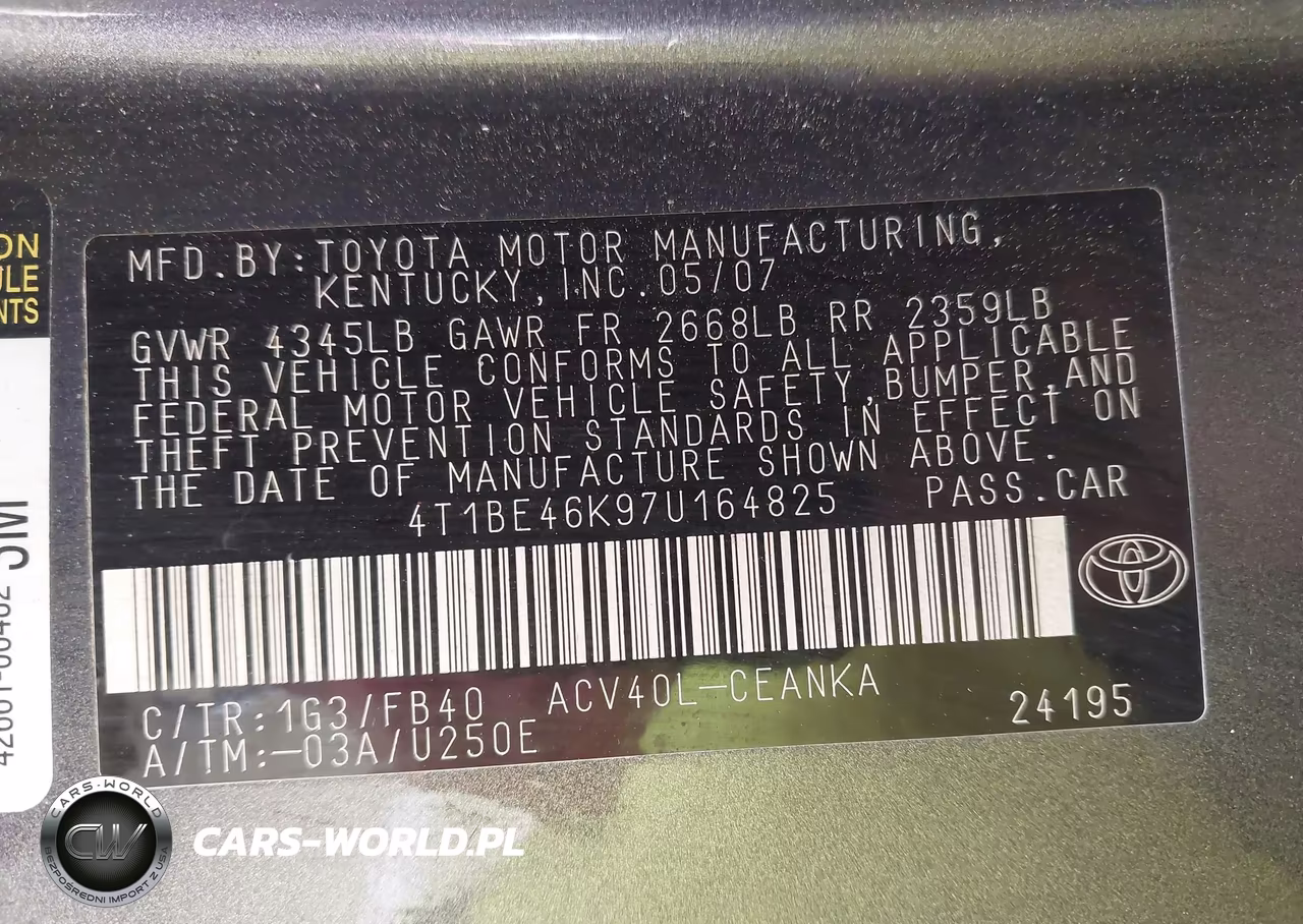 2007 Toyota Camry Le VIN:4T1BE46K97U164825 - 9