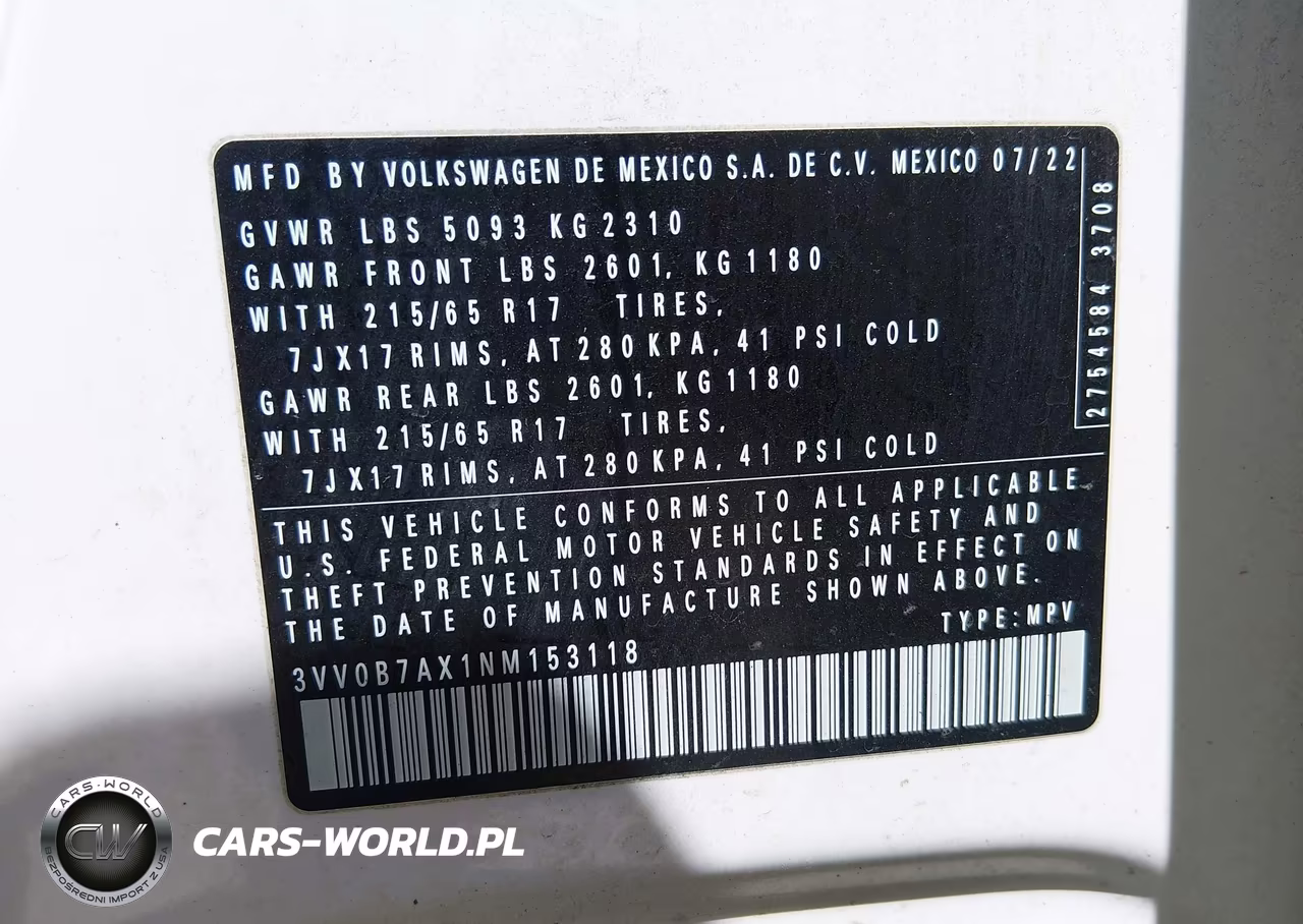 2022 Volkswagen Tiguan 2.0T S VIN:3VV0B7AX1NM153118 - 9