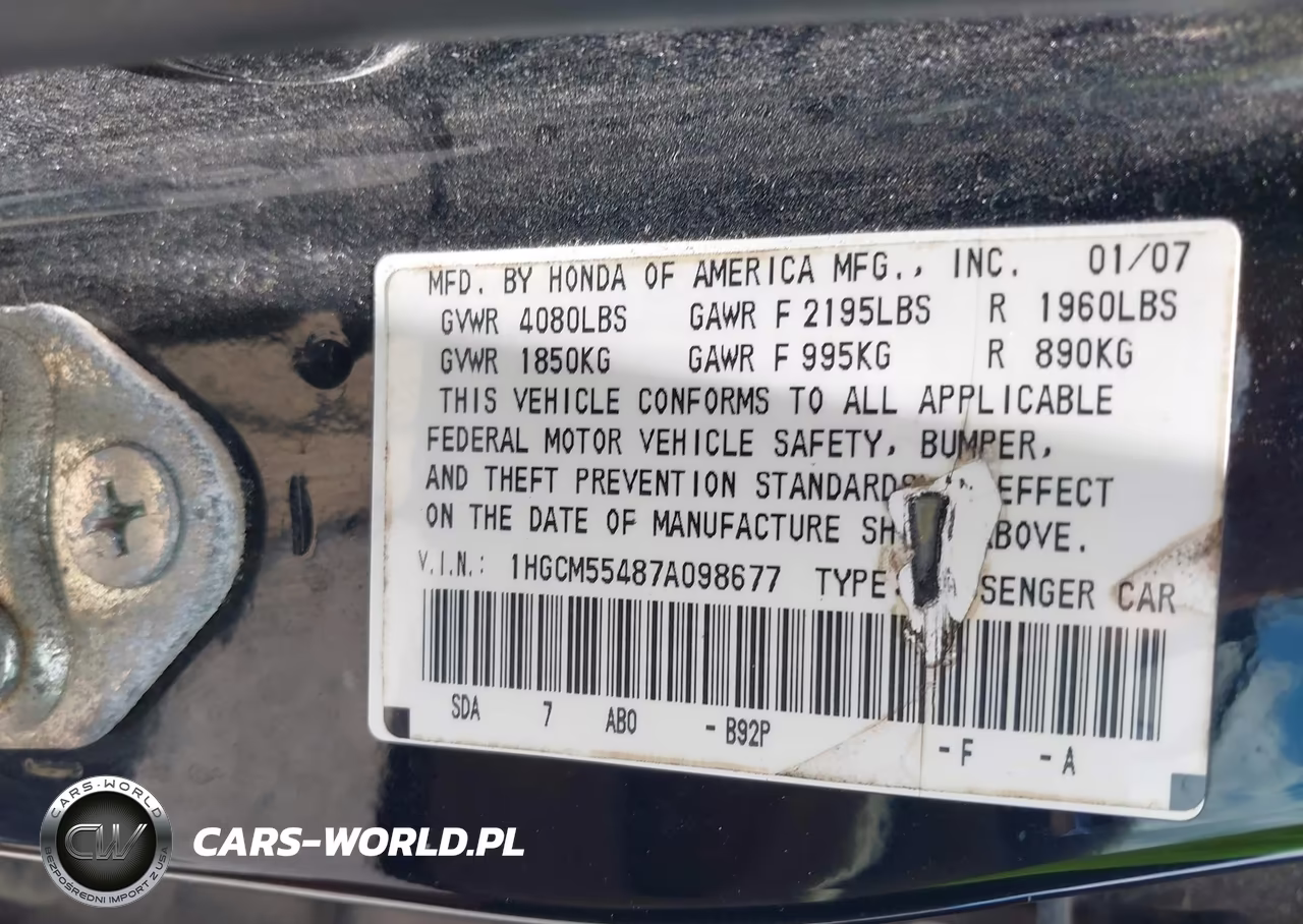 2007 Honda Accord 2.4 Lx VIN:1HGCM55487A098677 - 9