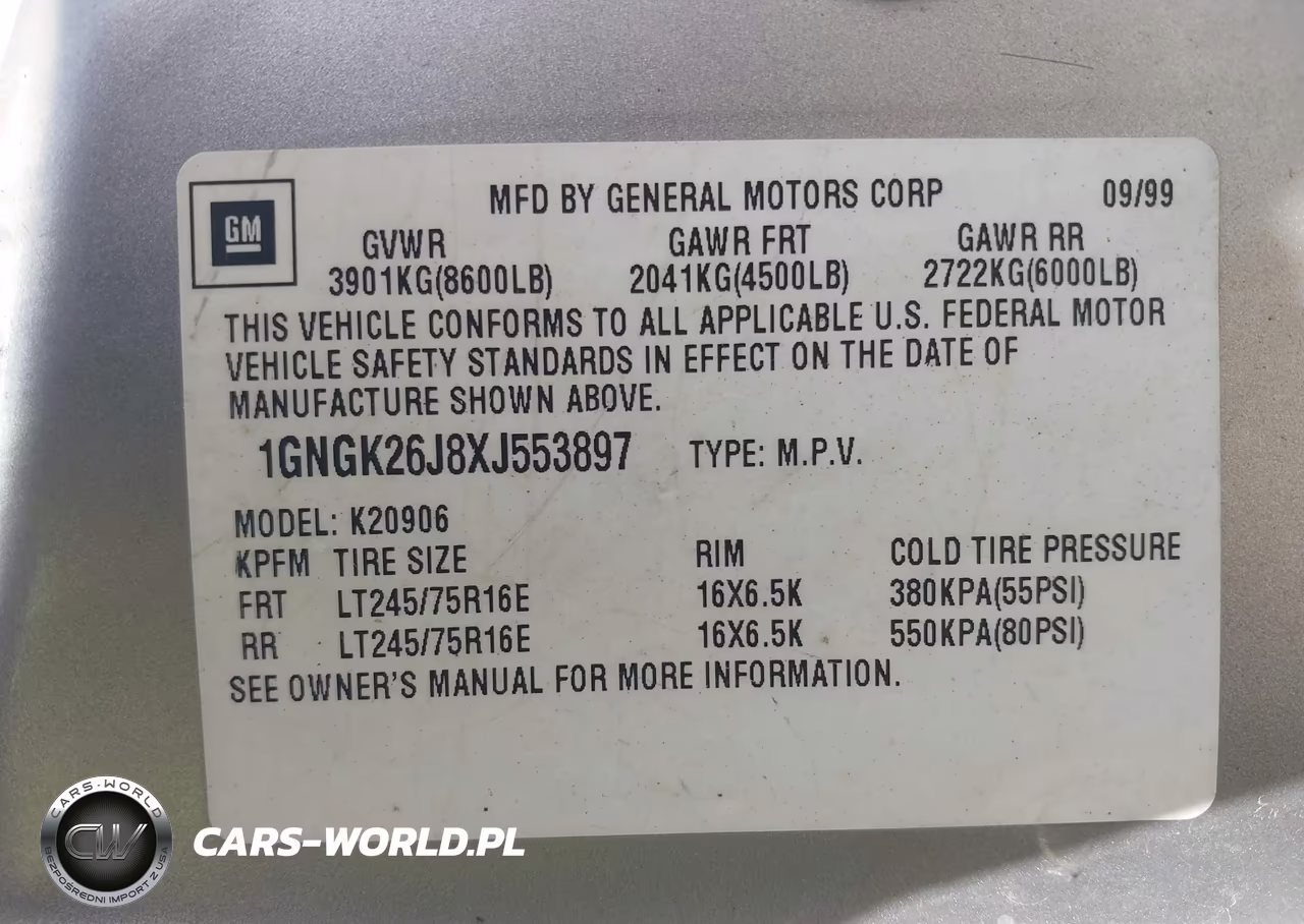 1999 Chevrolet Suburban 2500 VIN:1GNGK26J8XJ553897 - 9