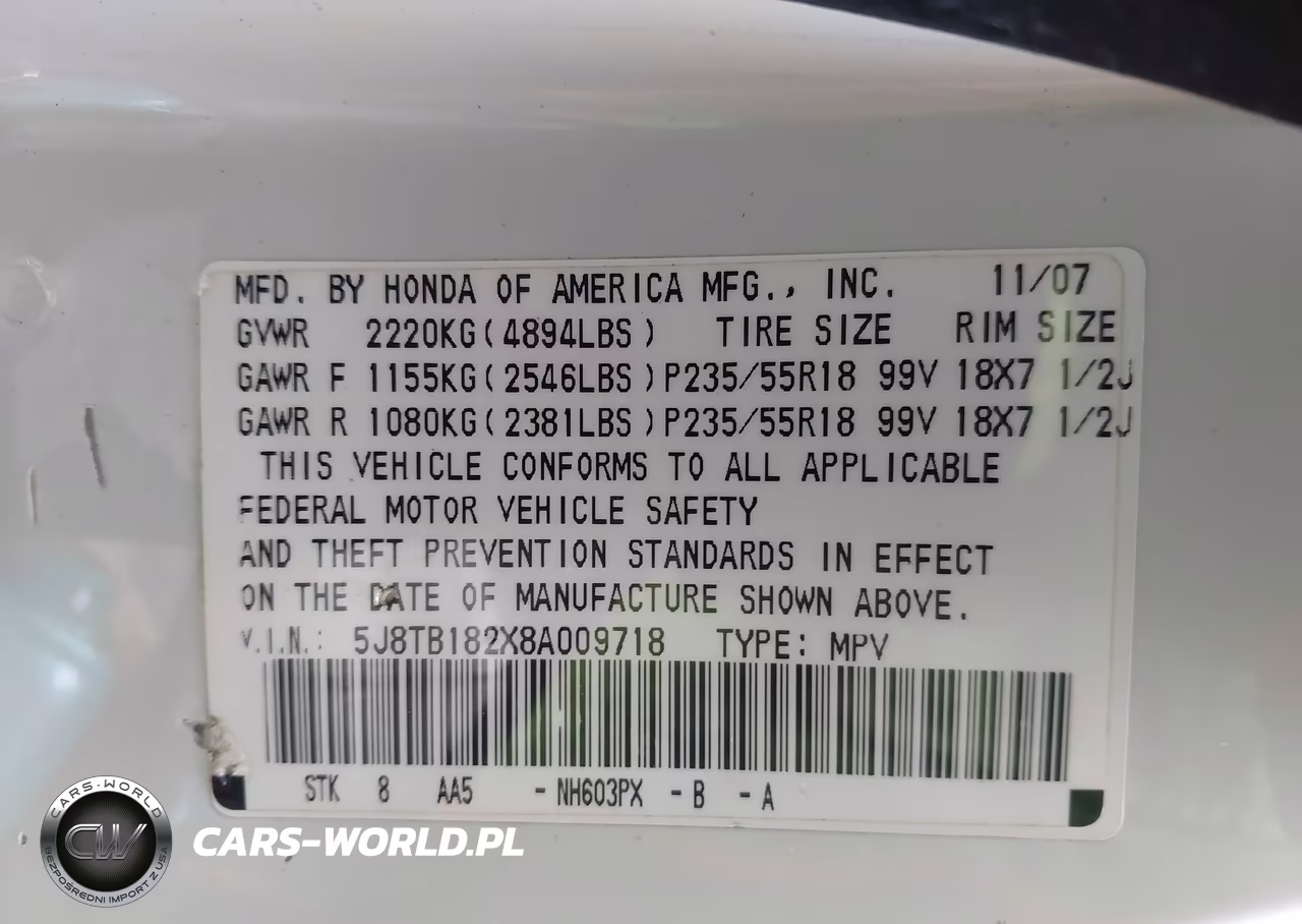 2008 Acura Rdx VIN:5J8TB182X8A009718 - 9