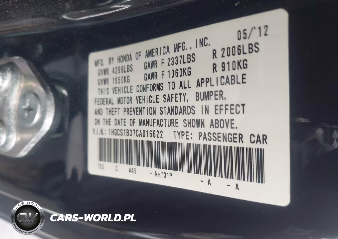 2012 Honda Accord 2.4 Lx-S VIN:1HGCS1B37CA016622 - 9