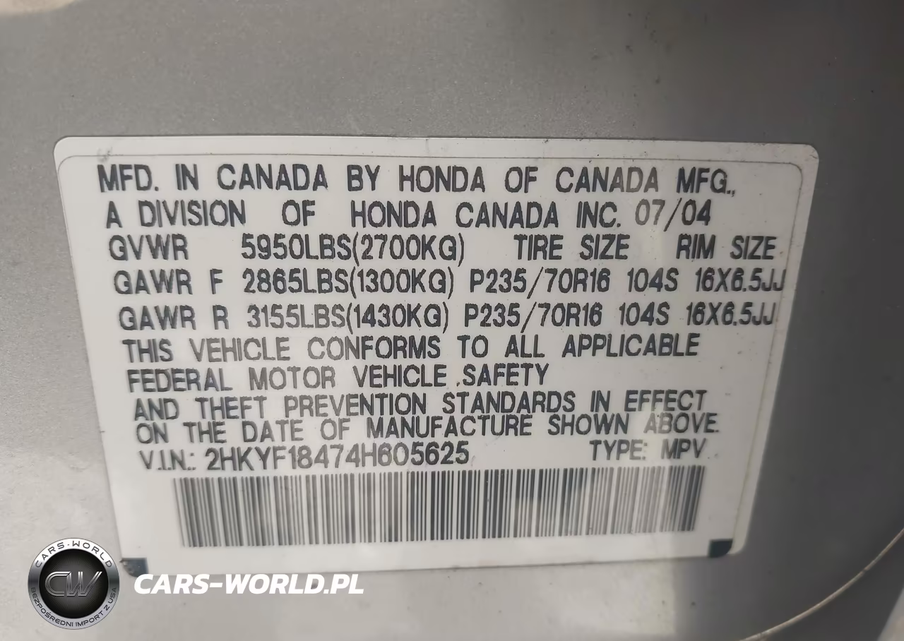 2004 Honda Pilot Ex VIN:2HKYF18474H605625 - 9