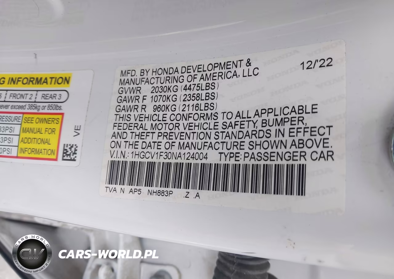 2022 Honda Accord Sport VIN:1HGCV1F30NA124004 - 9