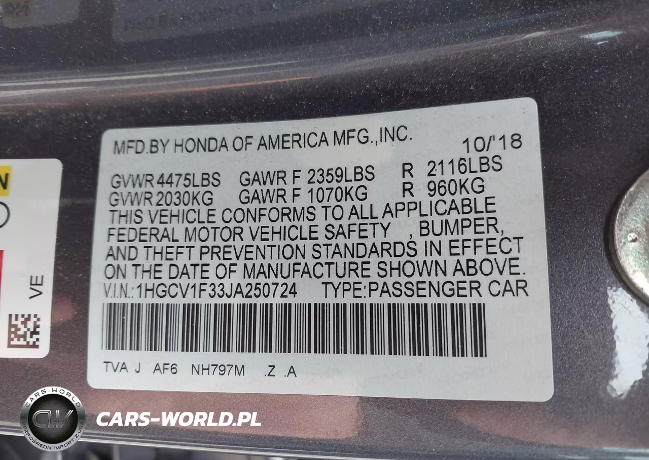 2018 Honda Accord Sport VIN:1HGCV1F33JA250724 - 9