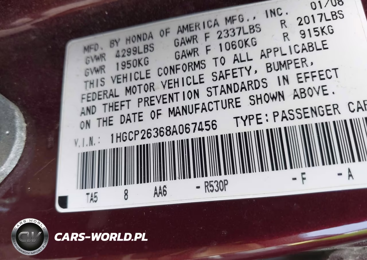 2008 Honda Accord 2.4 Lx VIN:1HGCP26368A067456 - 9