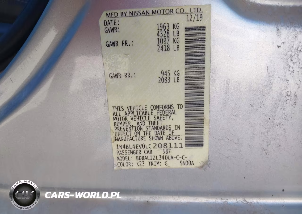 2020 Nissan Altima Sl Fwd VIN:1N4BL4EV0LC208111 - 9