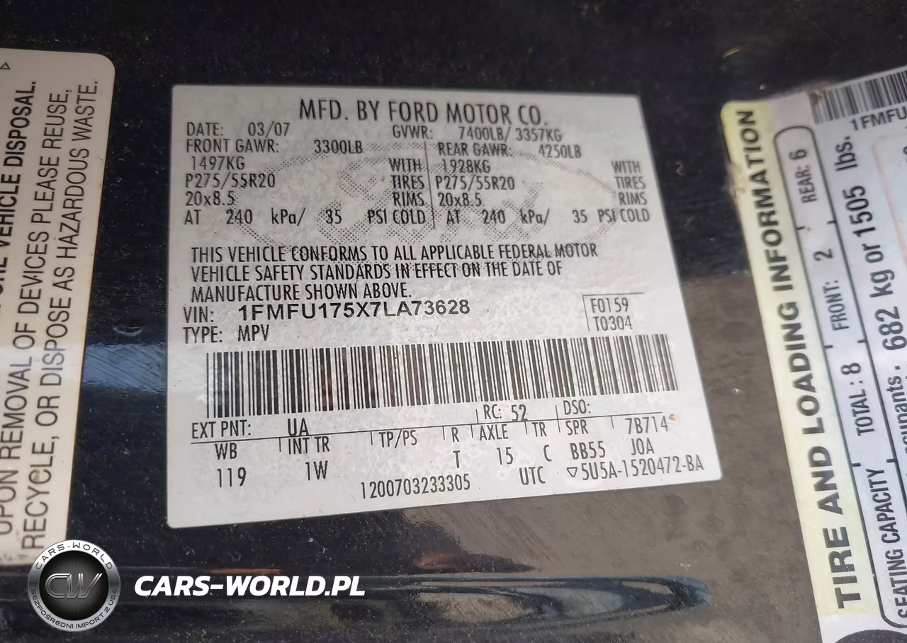 2007 Ford Expedition Eddie Bauer VIN:1FMFU175X7LA73628 - 9