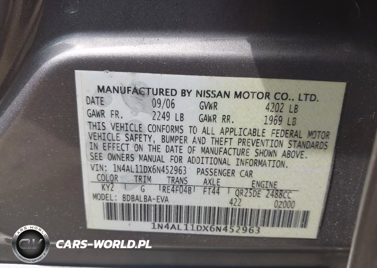 2006 Nissan Altima 2.5 S VIN:1N4AL11DX6N452963 - 9