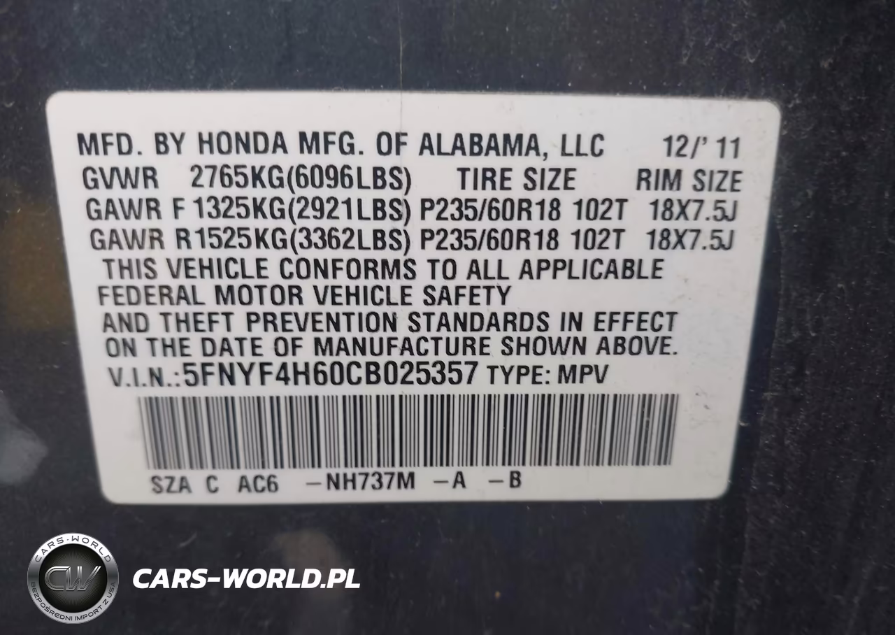 2012 Honda Pilot Ex-L VIN:5FNYF4H60CB025357 - 9