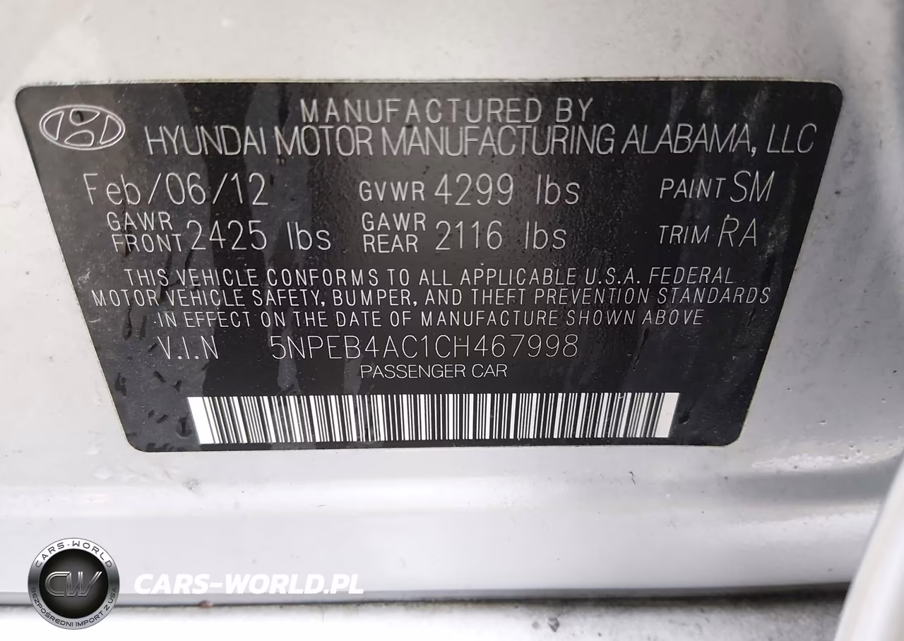 2012 Hyundai Sonata Gls VIN:5NPEB4AC1CH467998 - 9
