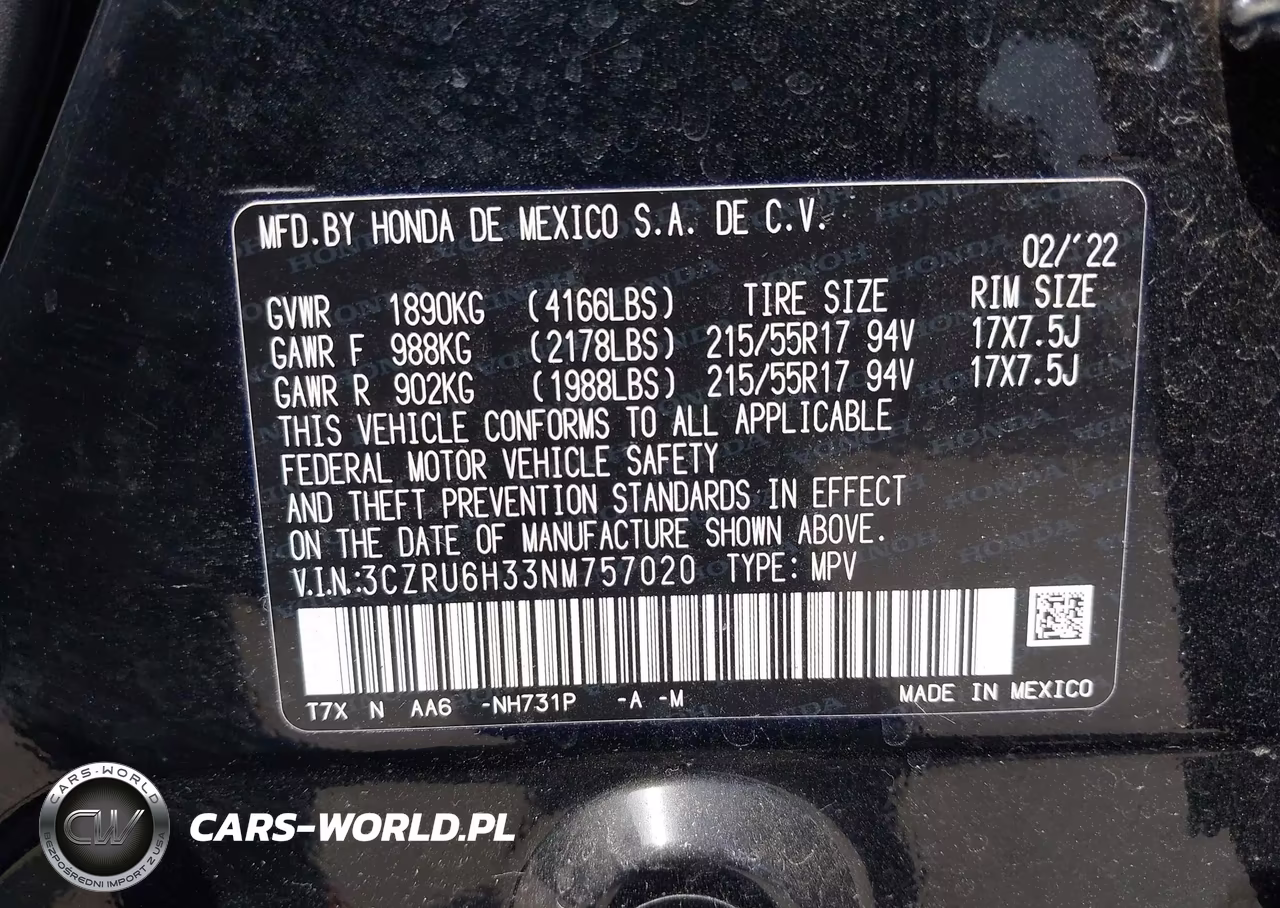 2022 Honda Hr-V Awd Lx VIN:3CZRU6H33NM757020 - 9