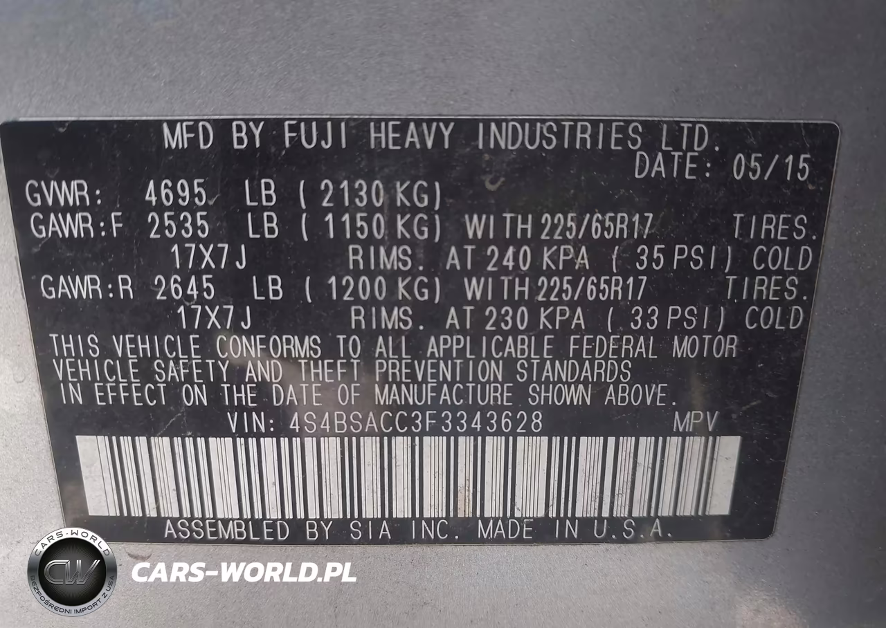 2015 Subaru Outback 2.5I Premium VIN:4S4BSACC3F3343628 - 9