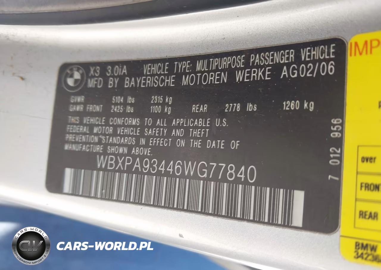 2006 BMW X3 3.0I VIN:WBXPA93446WG77840 - 9