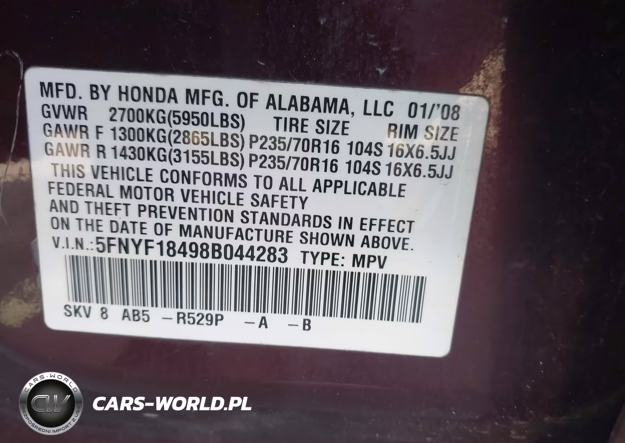2008 Honda Pilot Ex VIN:5FNYF18498B044283 - 9