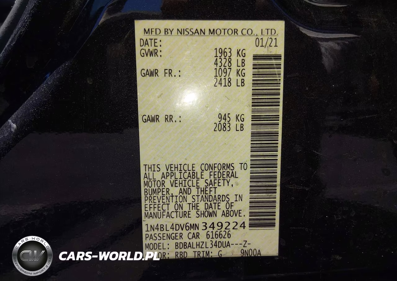 2021 Nissan Altima Sv Fwd VIN:1N4BL4DV6MN349224 - 9