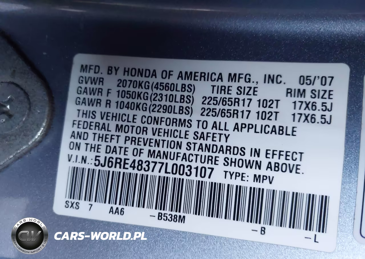 2007 Honda Cr-V Lx VIN:5J6RE48377L003107 - 9