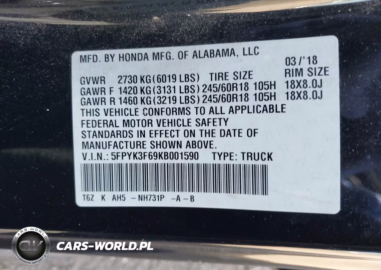 2019 Honda Ridgeline Rtl-T VIN:5FPYK3F69KB001590 - 9