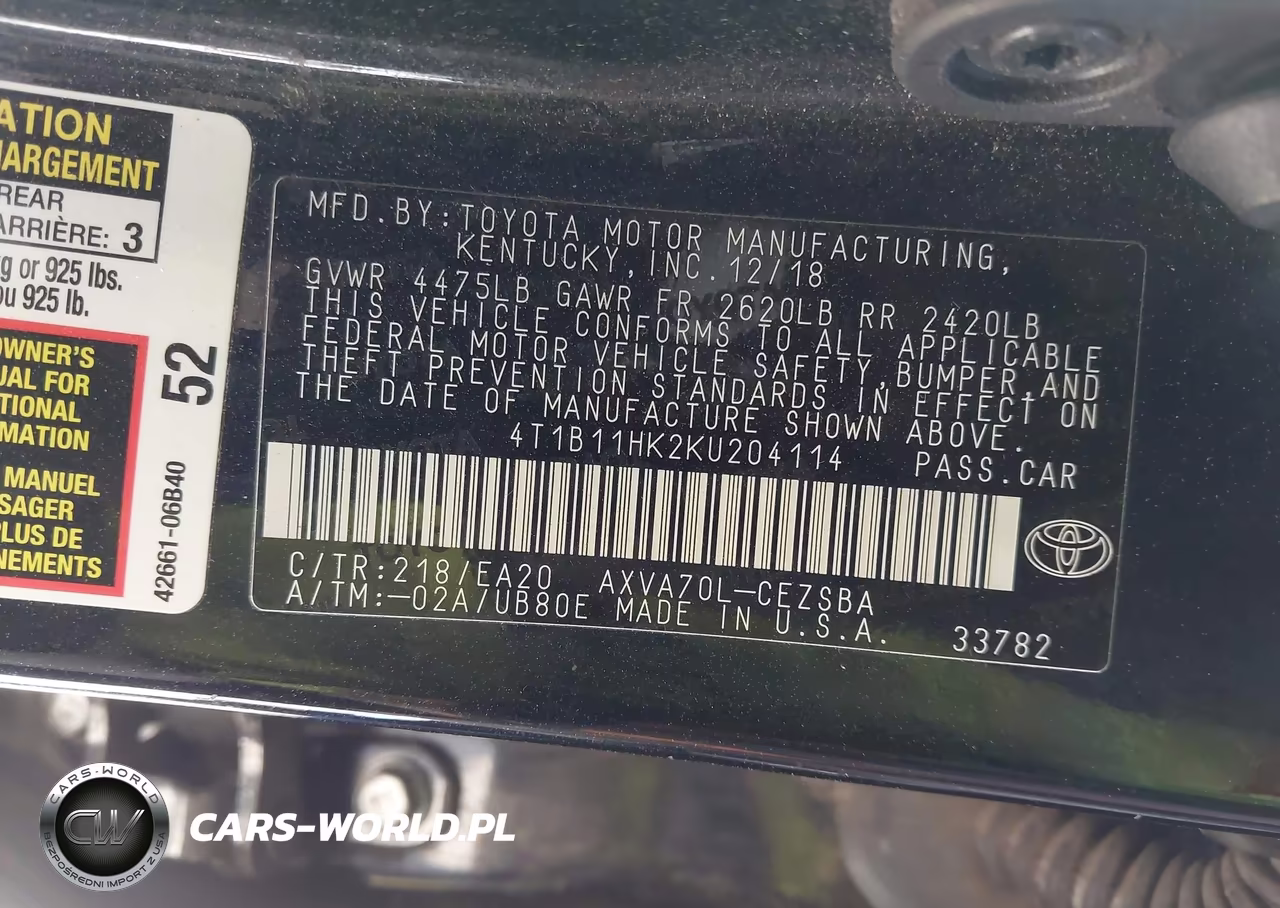 2019 Toyota Camry Se VIN:4T1B11HK2KU204114 - 9