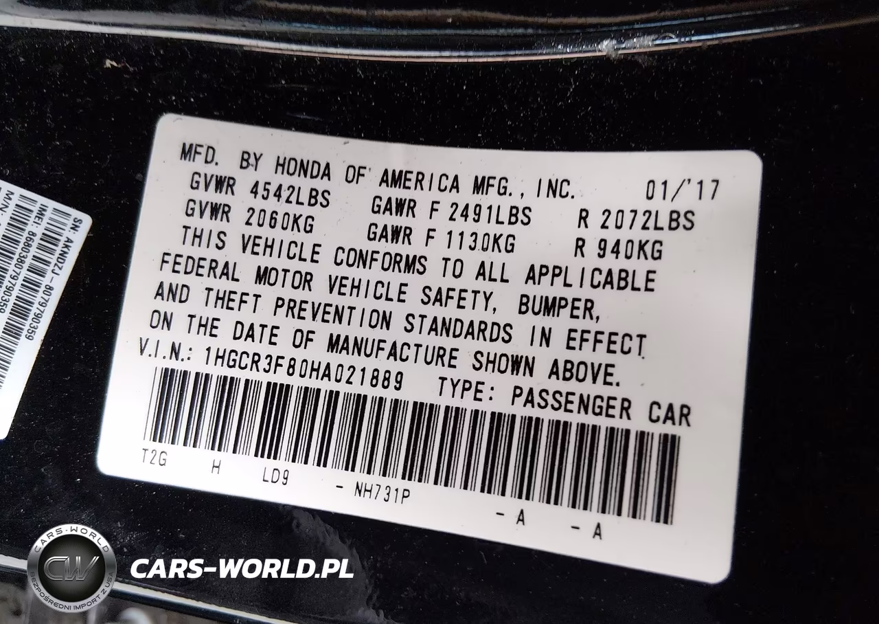 2017 Honda Accord Ex-L V6 VIN:1HGCR3F80HA021889 - 9