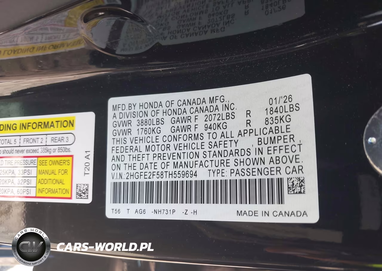 2026 Honda Civic Sport VIN:2HGFE2F58TH559694 - 9