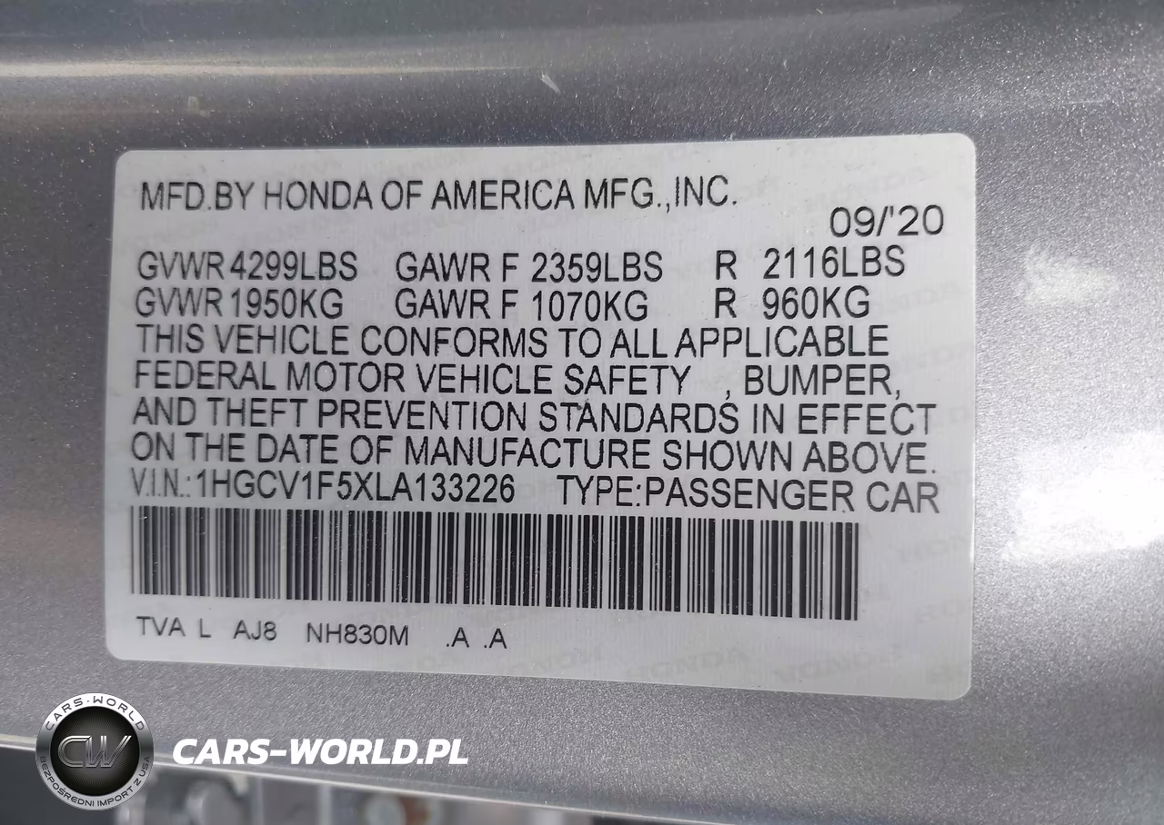2020 Honda Accord Ex-L VIN:1HGCV1F5XLA133226 - 9