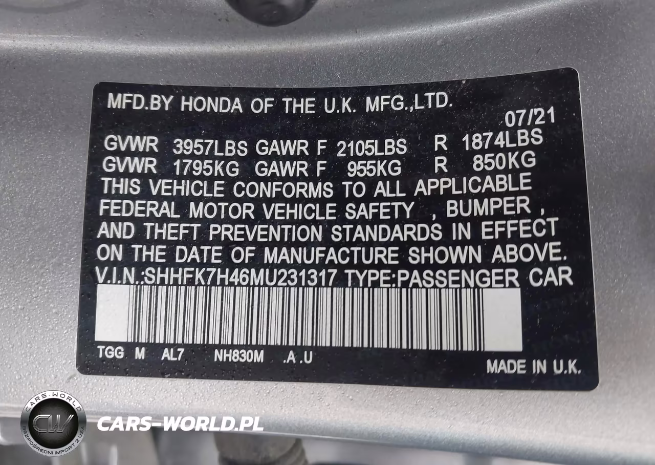 2021 Honda Civic Sport VIN:SHHFK7H46MU231317 - 9
