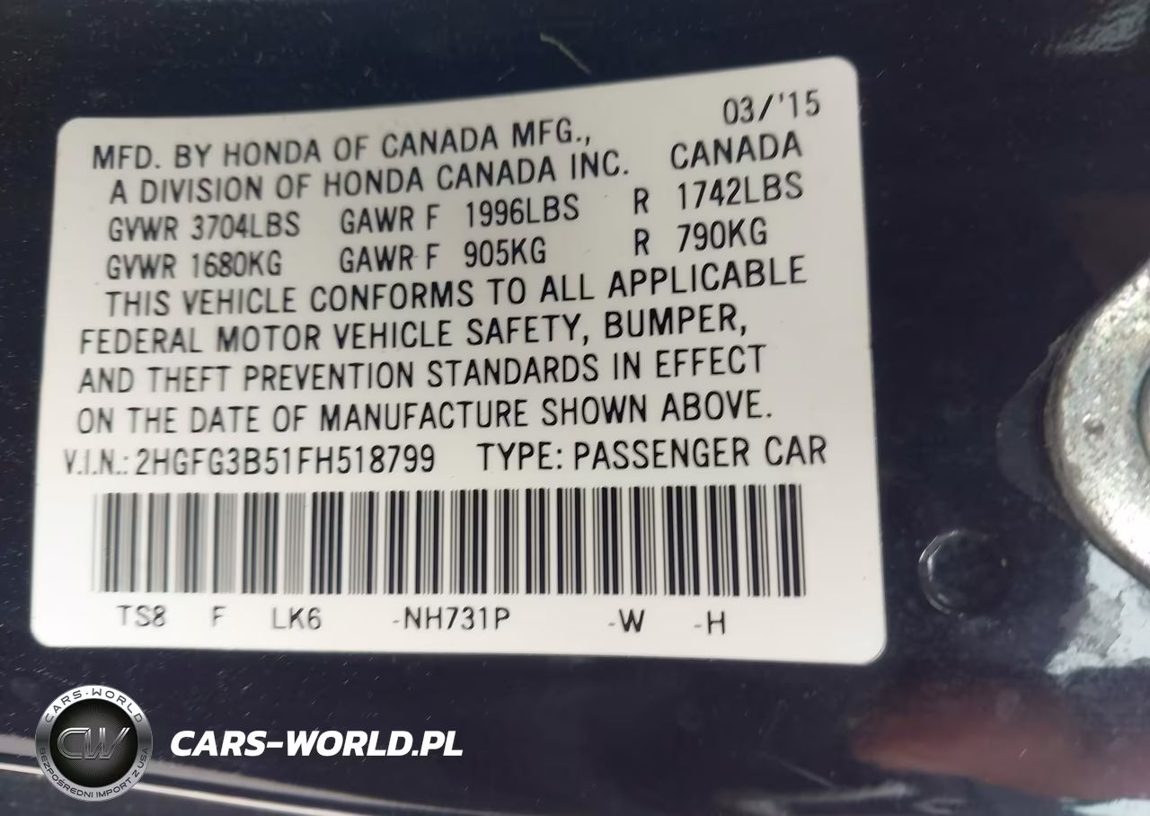 2015 Honda Civic Lx VIN:2HGFG3B51FH518799 - 9
