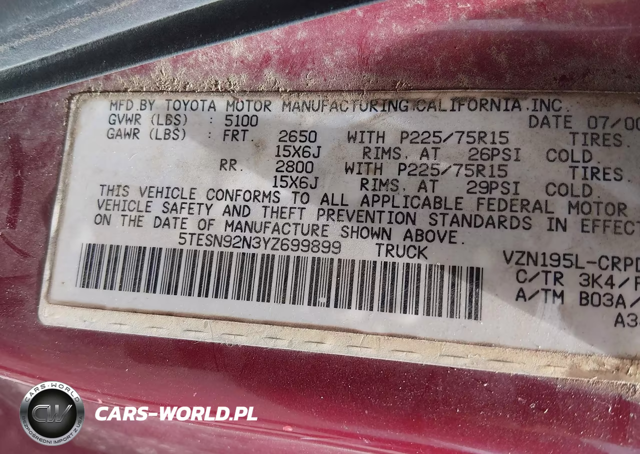 2000 Toyota Tacoma Prerunner V6 VIN:5TESN92N3YZ699899 - 9