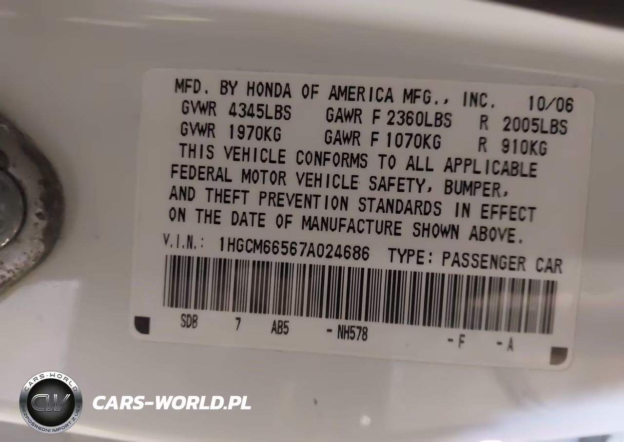 2007 Honda Accord 3.0 Ex VIN:1HGCM66567A024686 - 9