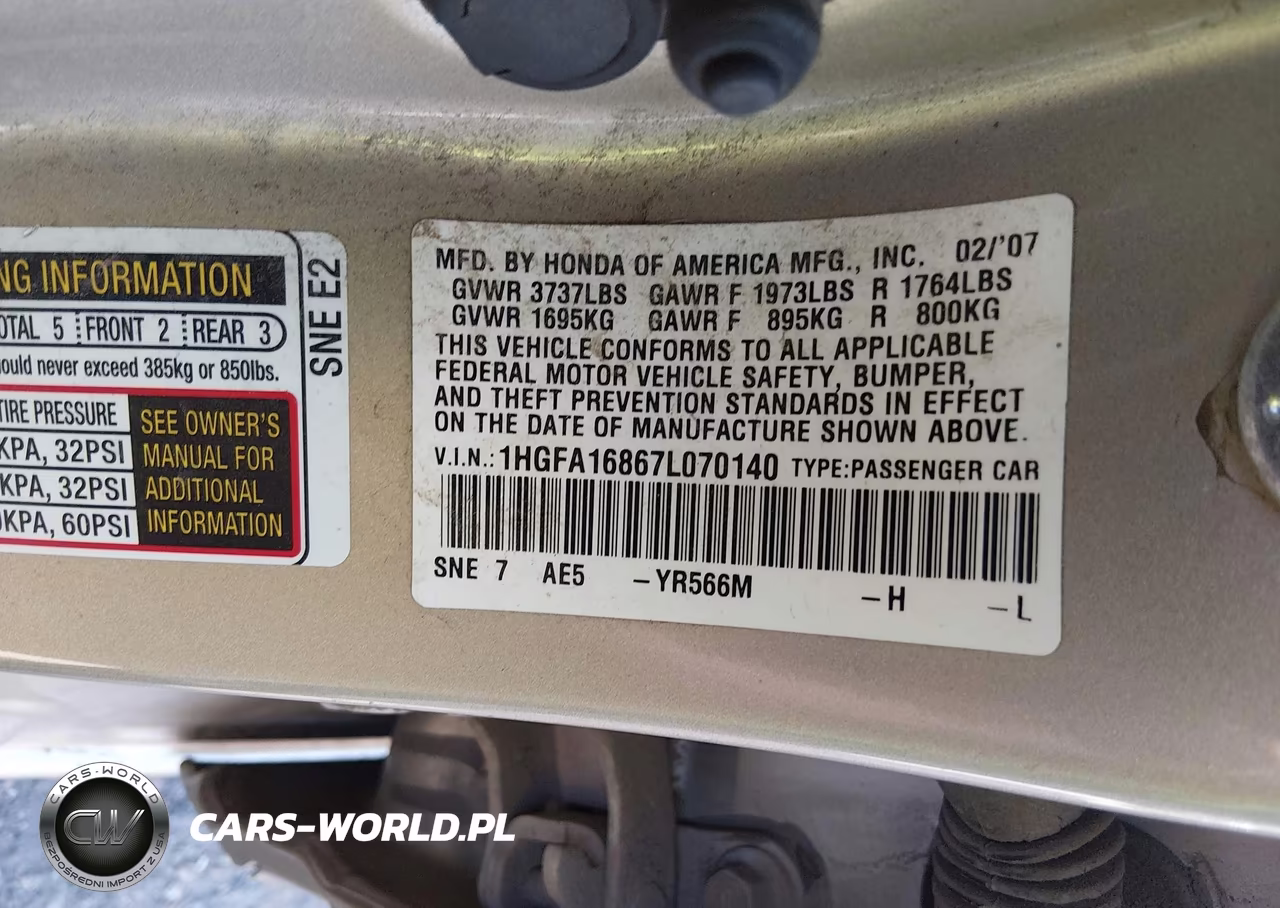 2007 Honda Civic Ex VIN:1HGFA16867L070140 - 9