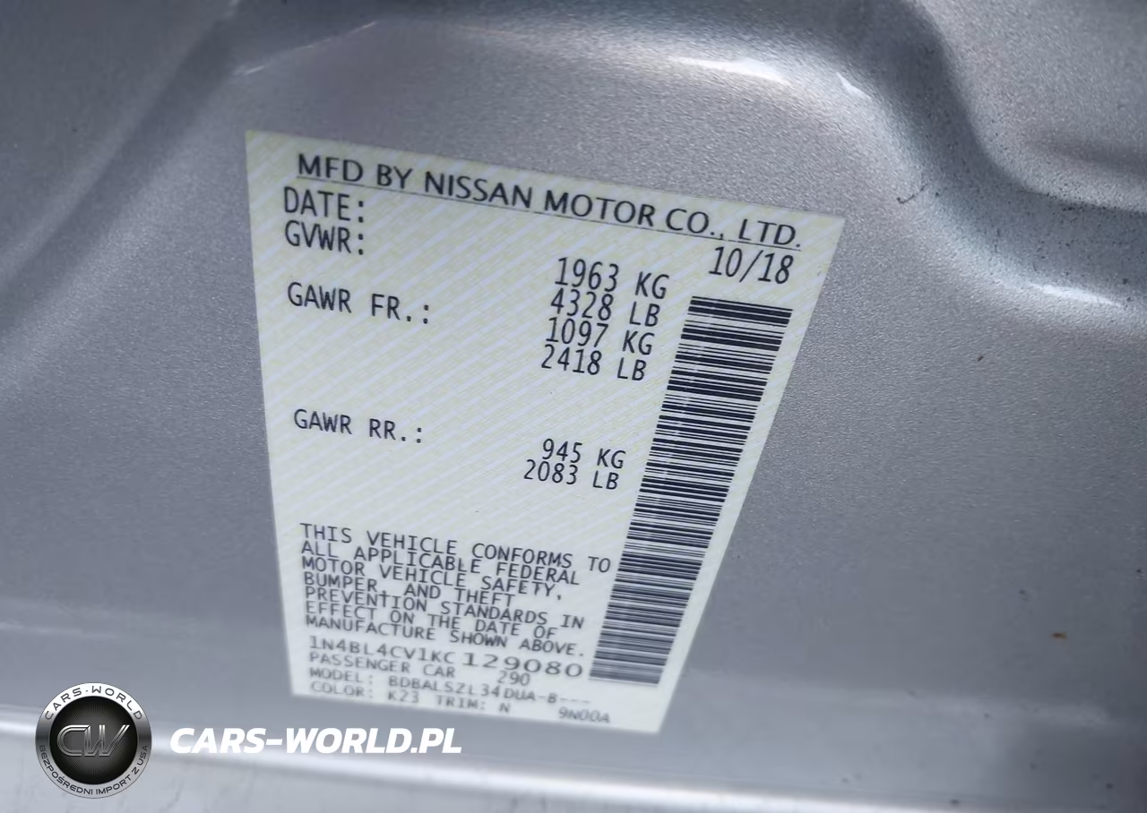 2019 Nissan Altima 2.5 Sr VIN:1N4BL4CV1KC129080 - 9